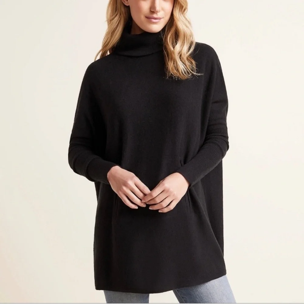 Garnet Hill Cashmere Wool Oversized Turtleneck Sweater Kangaroo Pocket Black - Picture 3 of 15